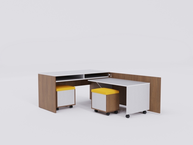 10160.650 Стеллаж детский книжный с выдвижным столом и пуфами из коллекции СТУГЛ 120х60х62 см купить в интерне-магазине Veerdan.ru Стеллаж детский книжный с выдвижным столом и пуфами из коллекции СТУГЛ 120х60х62 см