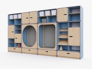 Детская стенка с местом для хранения и зонами отдыха Детская стенка с местом для хранения и зонами отдыха