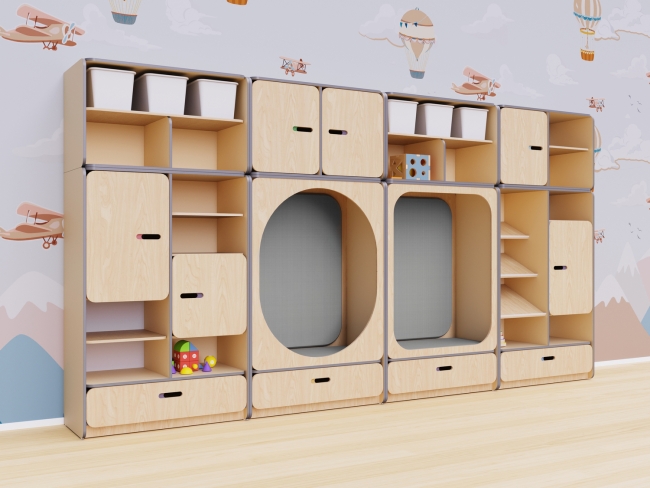 Детская стенка с местом для хранения и зонами отдыха