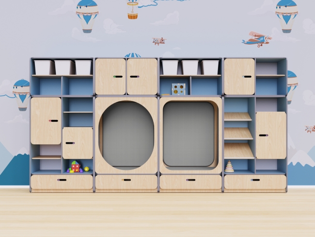 Детская стенка с местом для хранения и зонами отдыха