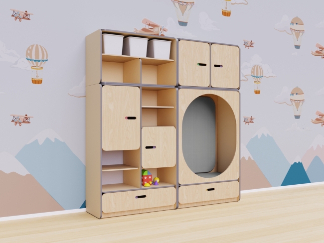 Детская стенка с местом для хранения и овальной зоной отдыха Детская стенка с местом для хранения и овальной зоной отдыха