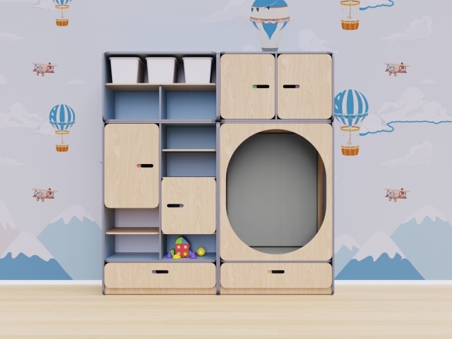 Детская стенка с местом для хранения и овальной зоной отдыха Детская стенка с местом для хранения и овальной зоной отдыха